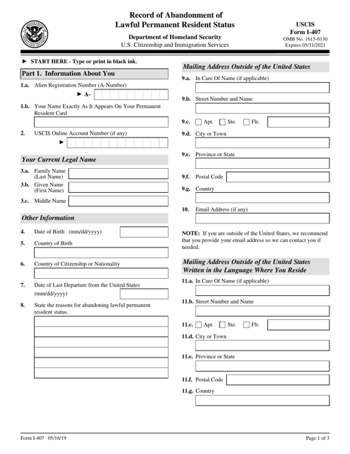 USCIS Form I 407 Download Fillable PDF Or Fill Online Record Of 