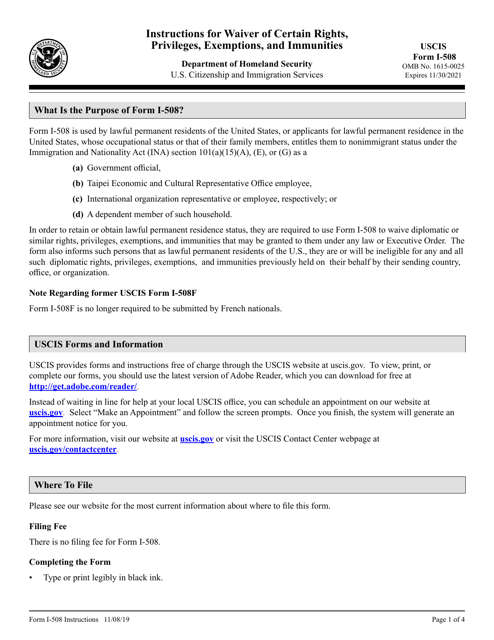 USCIS Form I-508  Printable Pdf