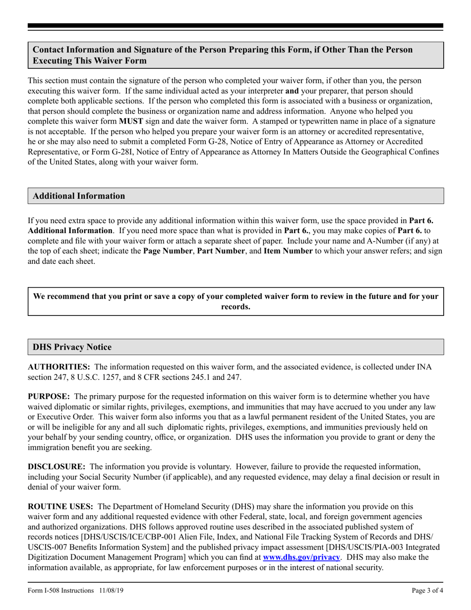 Instructions for USCIS Form I-508 Request for Waiver of Certain Rights, Privileges, Exemptions and Immunities, Page 3