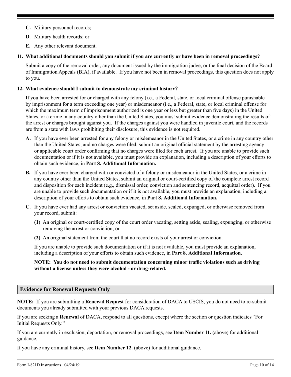 Instructions for USCIS Form I-821D Consideration of Deferred Action for Childhood Arrivals, Page 10