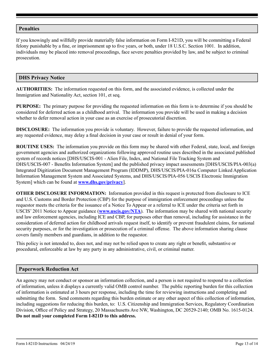 Instructions for USCIS Form I-821D Consideration of Deferred Action for Childhood Arrivals, Page 13