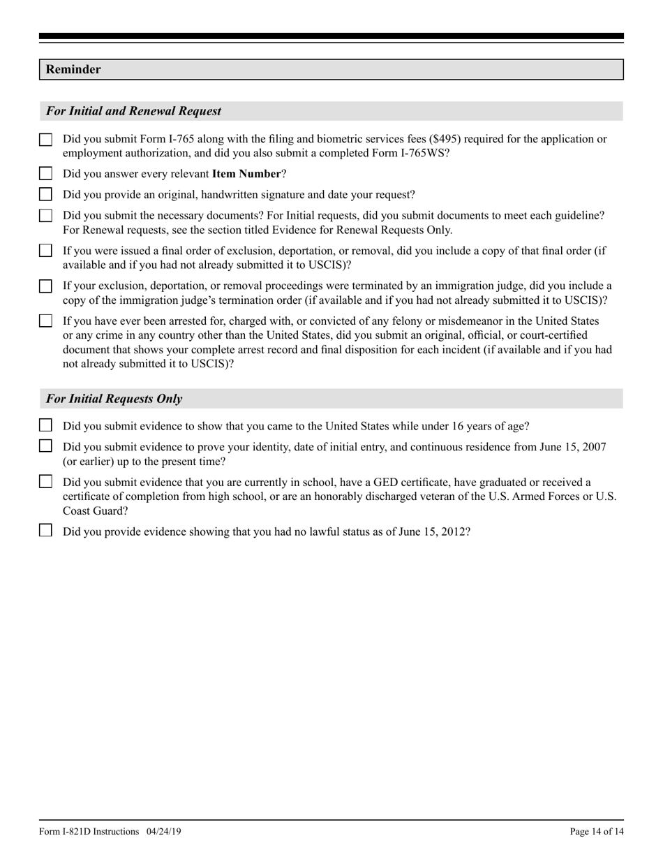 Instructions for USCIS Form I-821D Consideration of Deferred Action for Childhood Arrivals, Page 14