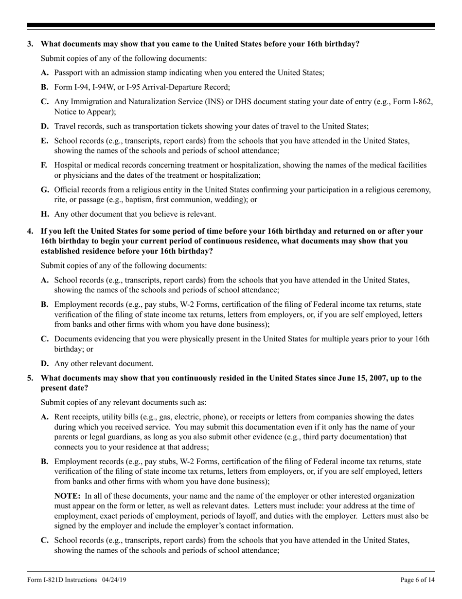 Instructions for USCIS Form I-821D Consideration of Deferred Action for Childhood Arrivals, Page 6