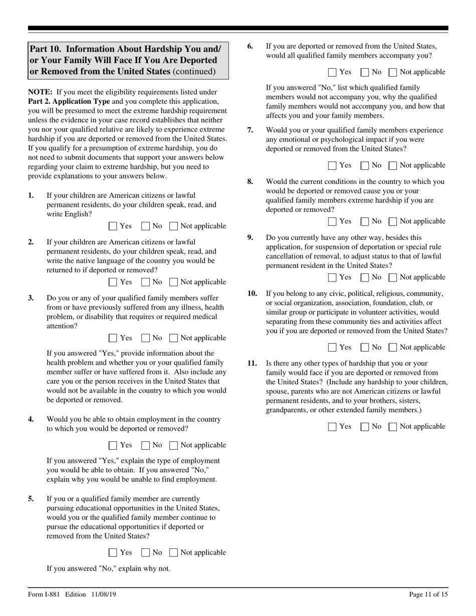 USCIS Form I-881 Application for Suspension of Deportation or Special Rule Cancellation of Removal (Pursuant to Section 203 of Public Law 105-100, Nacara), Page 11