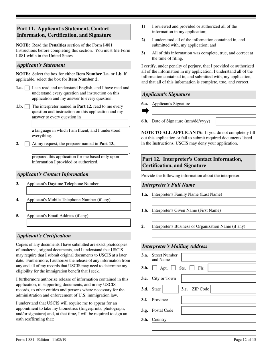 USCIS Form I-881 Application for Suspension of Deportation or Special Rule Cancellation of Removal (Pursuant to Section 203 of Public Law 105-100, Nacara), Page 12