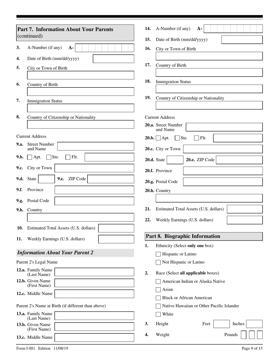 USCIS Form I-881 Application for Suspension of Deportation or Special Rule Cancellation of Removal (Pursuant to Section 203 of Public Law 105-100, Nacara), Page 9