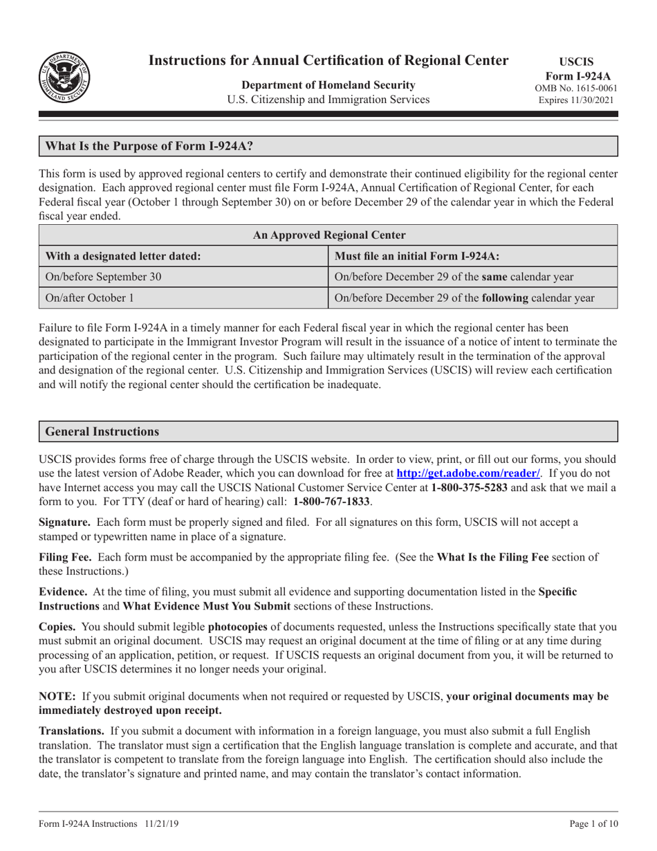 Instructions for USCIS Form I-924A Annual Certification of Regional Center, Page 1