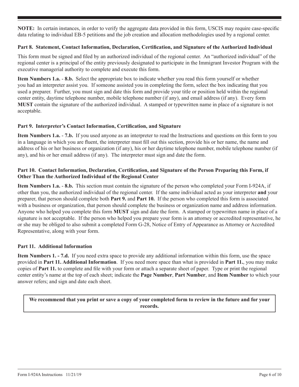 Instructions for USCIS Form I-924A Annual Certification of Regional Center, Page 6
