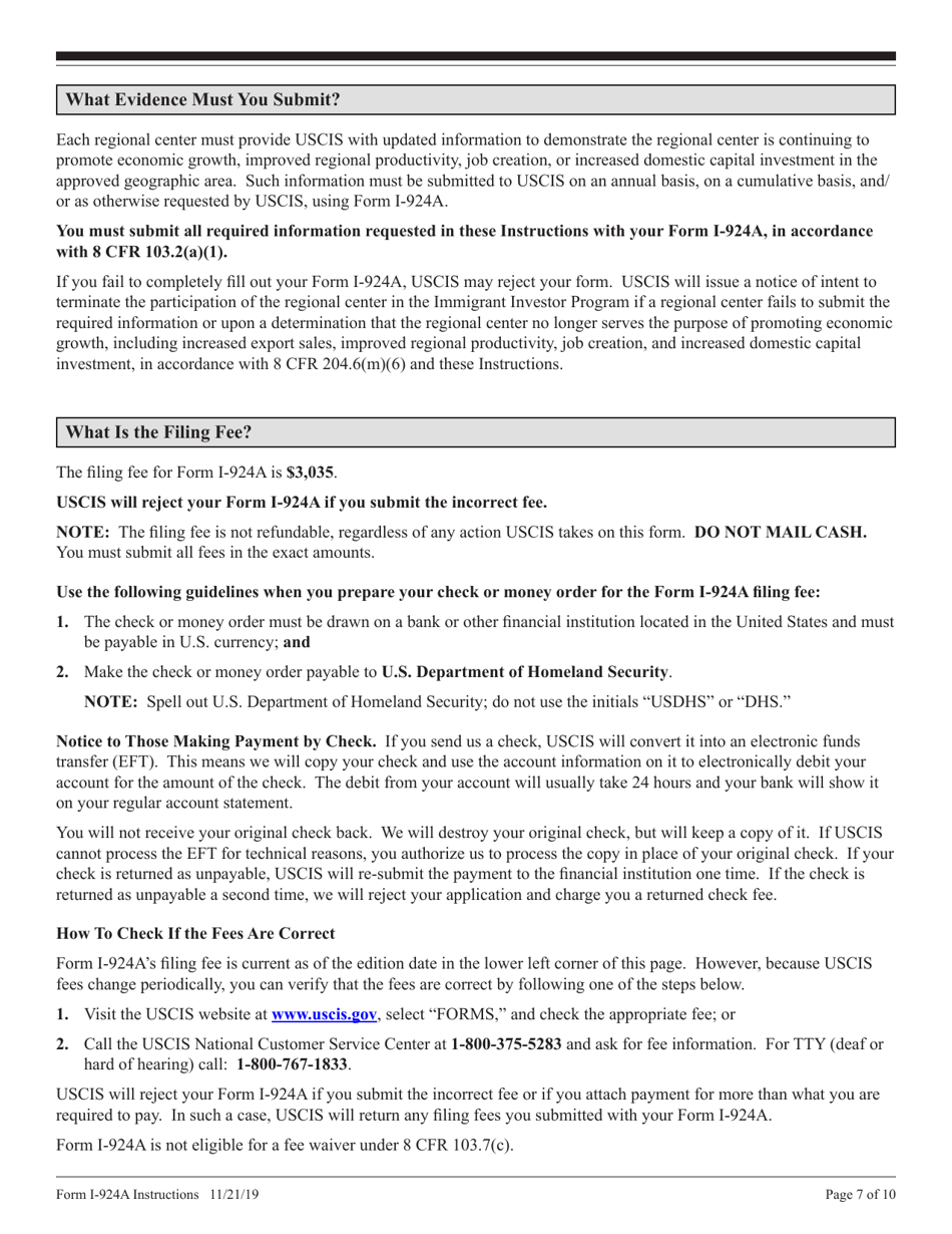 Instructions for USCIS Form I-924A Annual Certification of Regional Center, Page 7