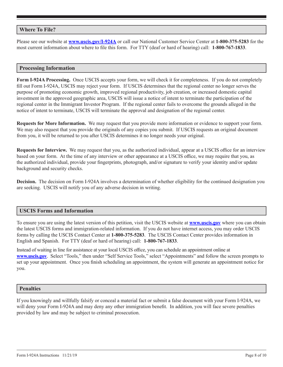 Instructions for USCIS Form I-924A Annual Certification of Regional Center, Page 8