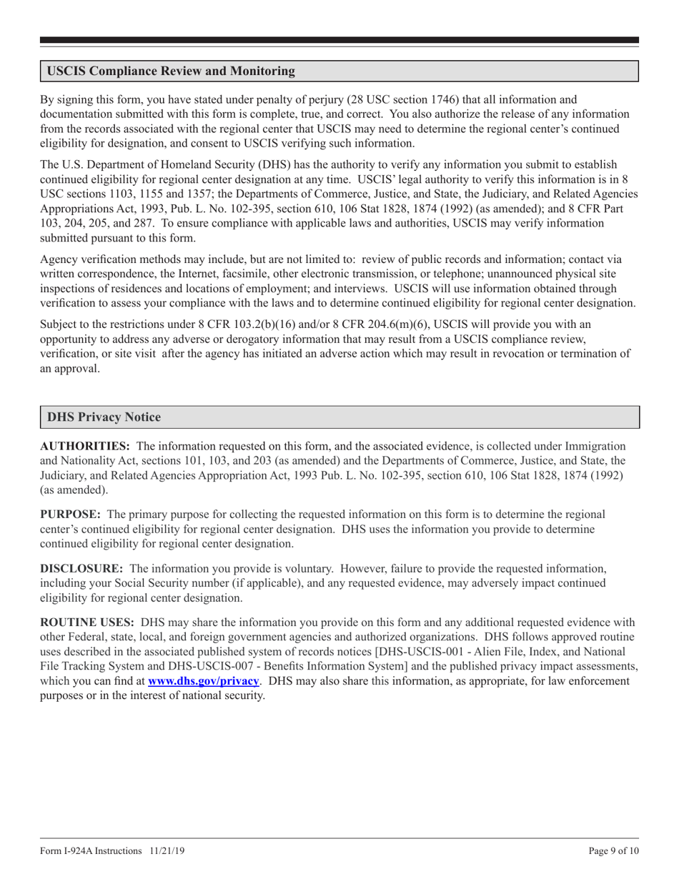 Instructions for USCIS Form I-924A Annual Certification of Regional Center, Page 9