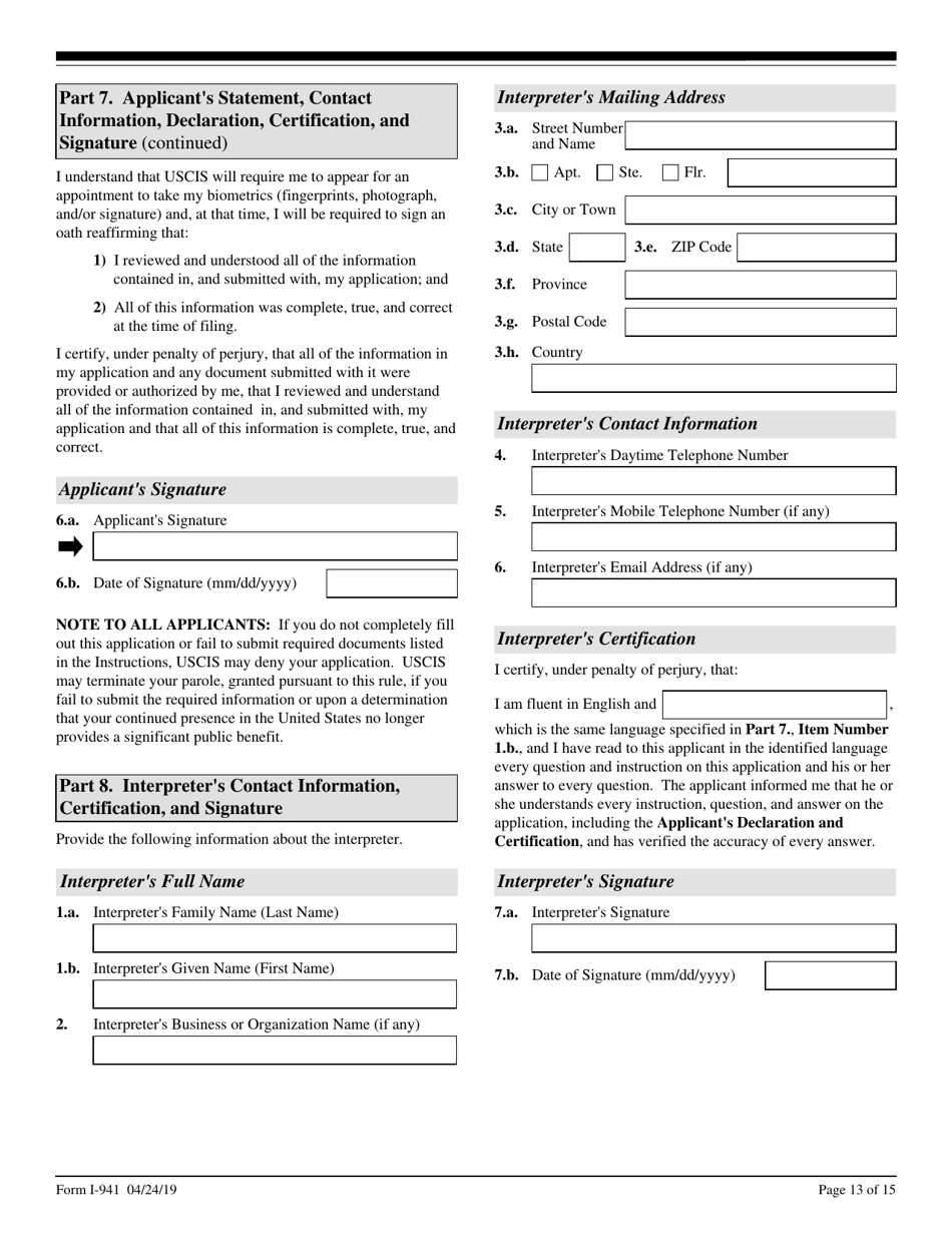 USCIS Form I-941 Application for Entrepreneur Parole, Page 13