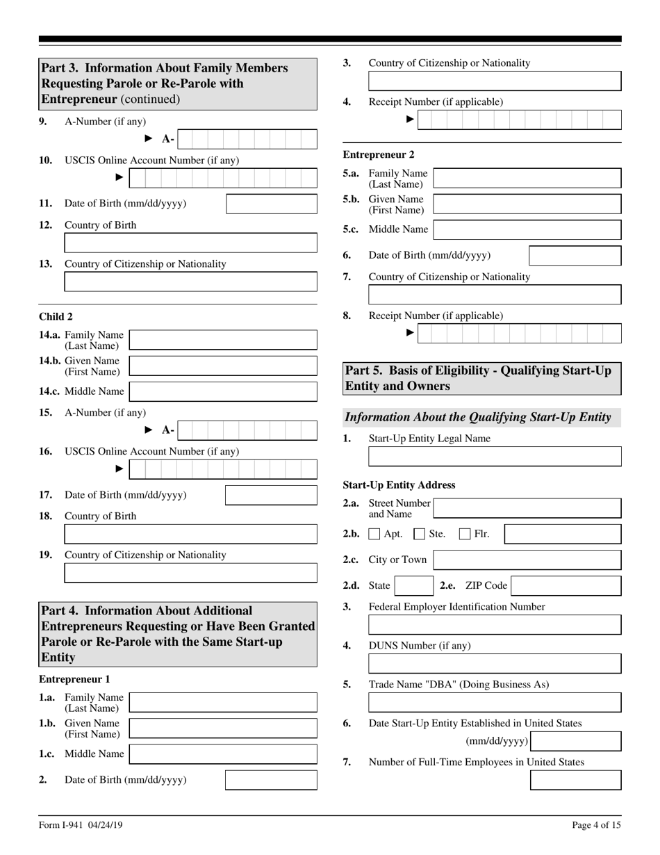 USCIS Form I-941 Application for Entrepreneur Parole, Page 4