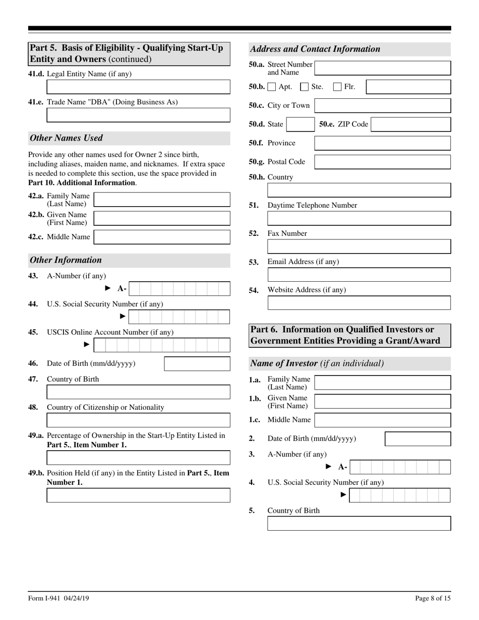USCIS Form I-941 Application for Entrepreneur Parole, Page 8
