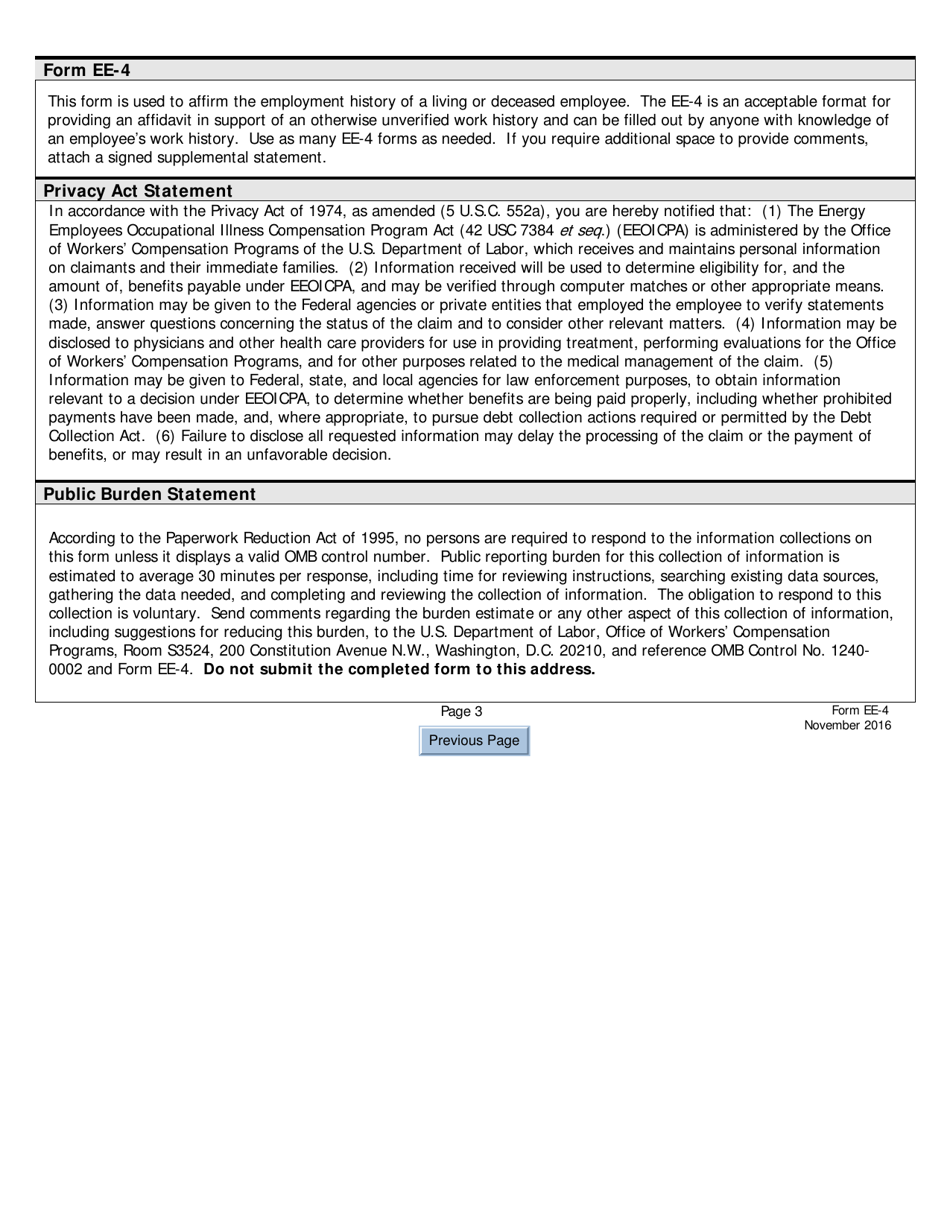 Form EE-4 Employment History Affidavit for a Claim Under the Energy Employees Occupational Illness Compensation Program Act, Page 3