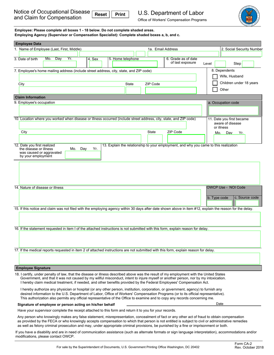 Form CA-2 Notice of Occupational Disease and Claim for Compensation, Page 1