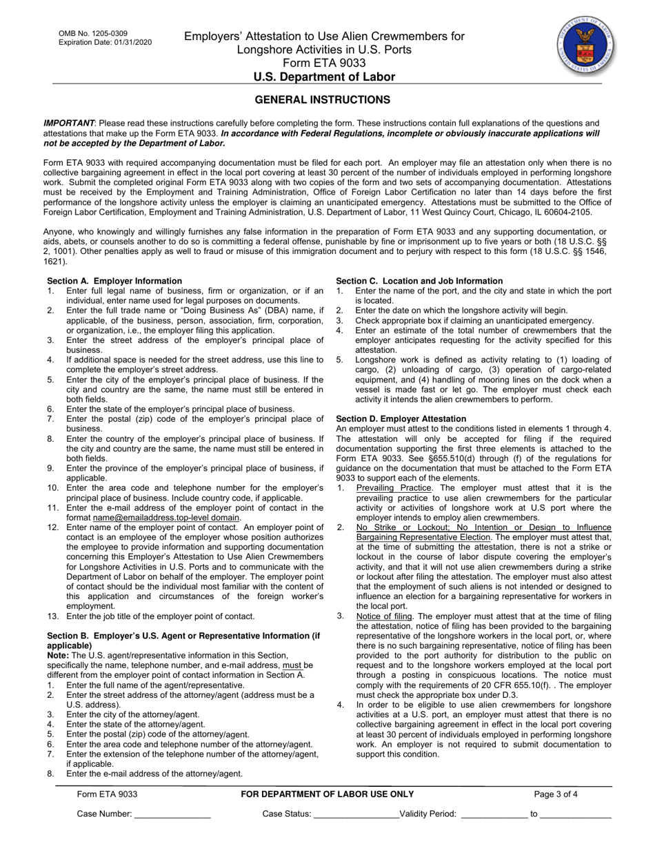 Form ETA9033 Employers Attestation to Use Alien Crewmembers for Longshore Activities in U.S. Ports, Page 3