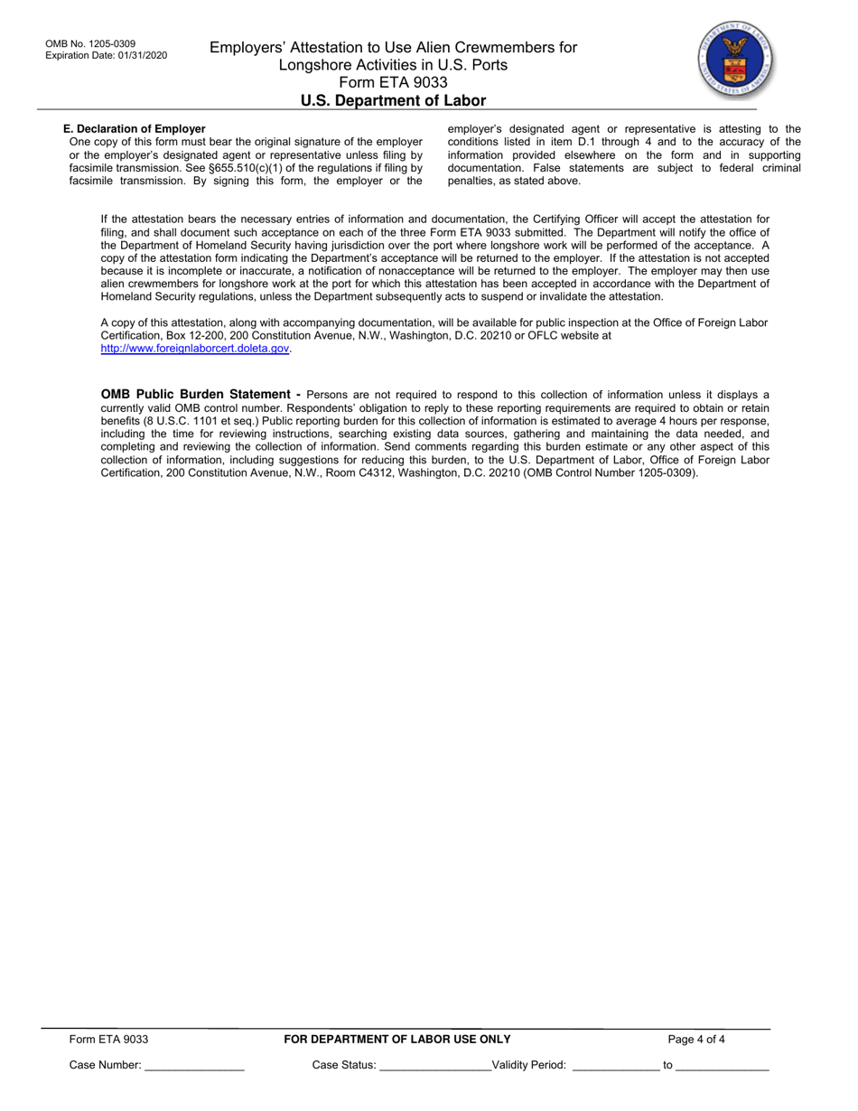 Form ETA9033 Employers Attestation to Use Alien Crewmembers for Longshore Activities in U.S. Ports, Page 4