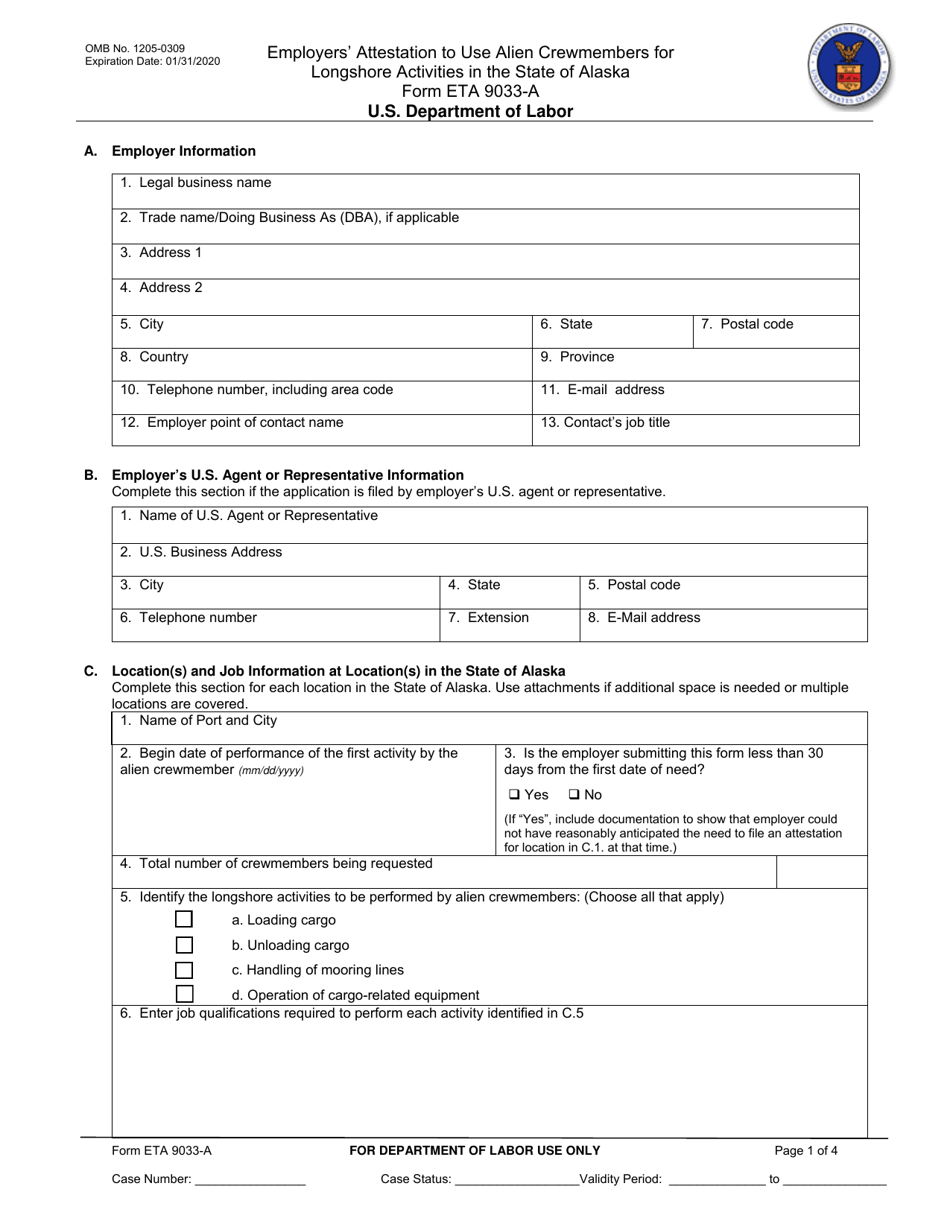 Form ETA9033-A Employers Attestation to Use Alien Crewmembers for Longshore Activities in the State of Alaska, Page 1