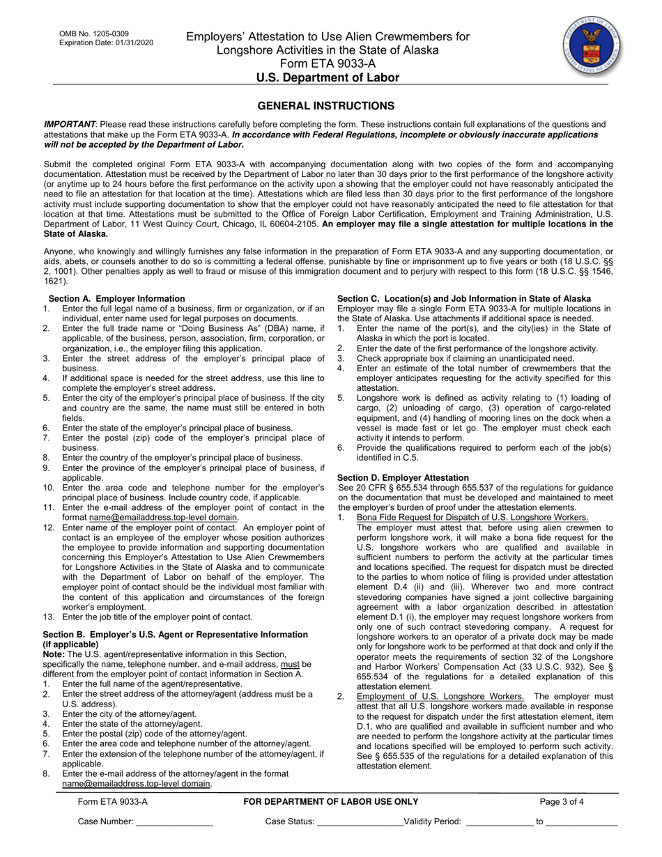 Form ETA9033-A Employers Attestation to Use Alien Crewmembers for Longshore Activities in the State of Alaska, Page 3