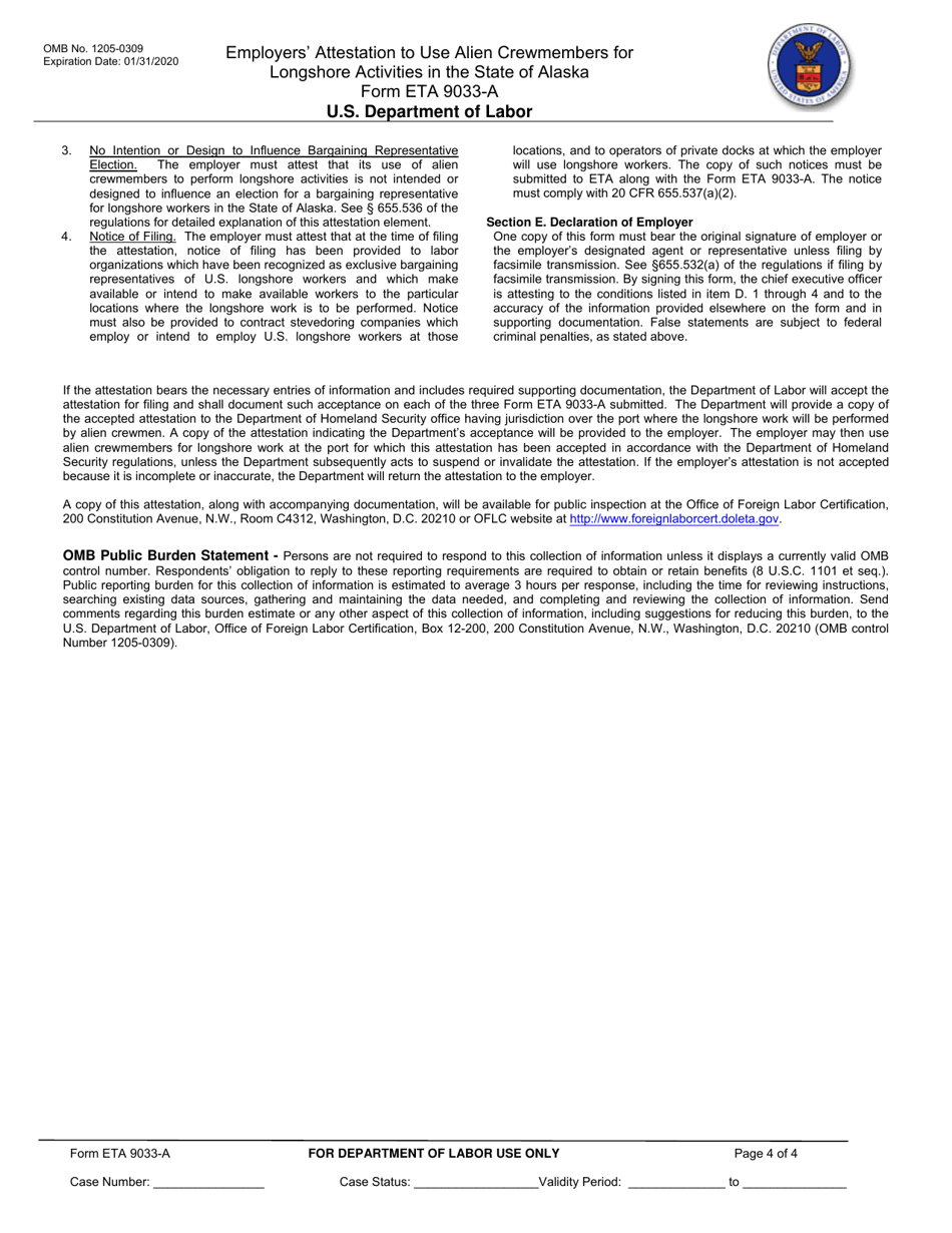 Form ETA9033-A Employers Attestation to Use Alien Crewmembers for Longshore Activities in the State of Alaska, Page 4