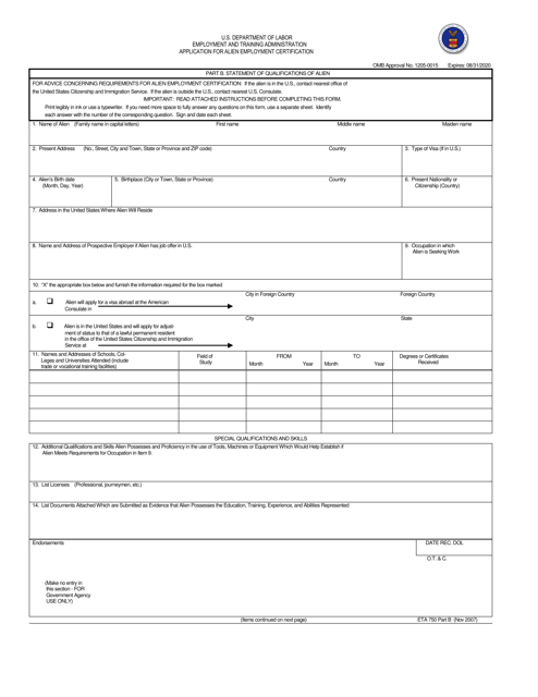 ETA Form 750 Part B  Printable Pdf