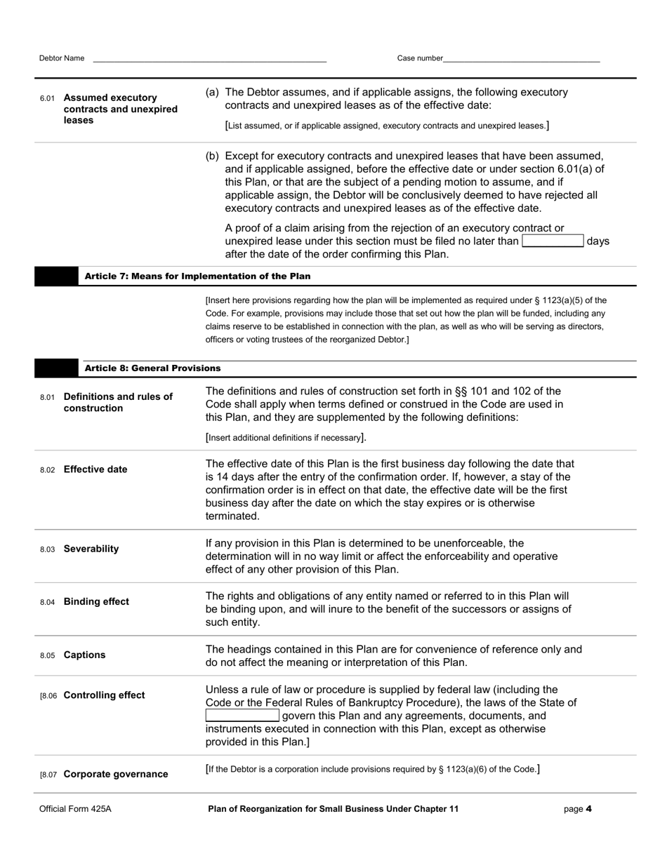 Official Form 425A Plan of Reorganization for Small Business Under Chapter 11, Page 4