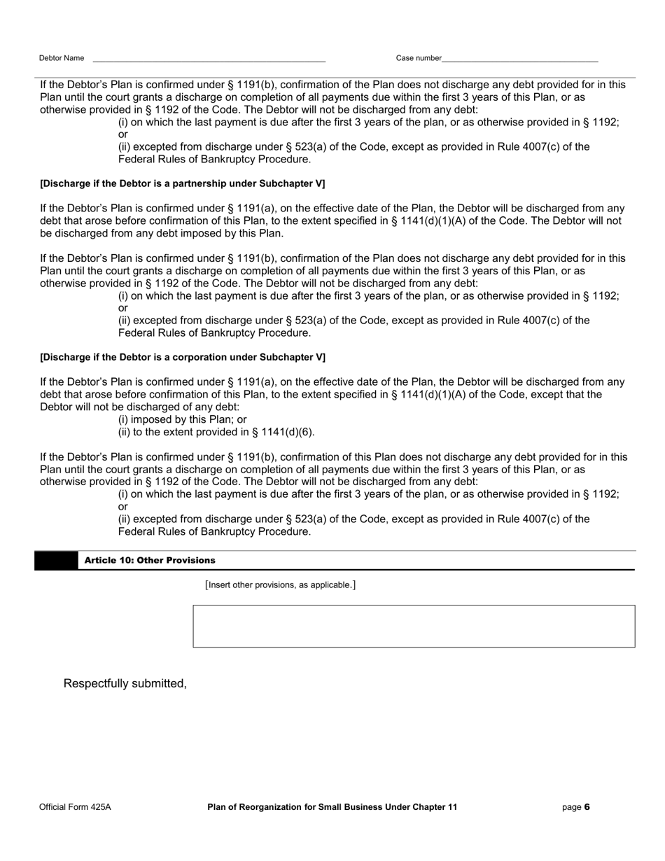 Official Form 425A Plan of Reorganization for Small Business Under Chapter 11, Page 6