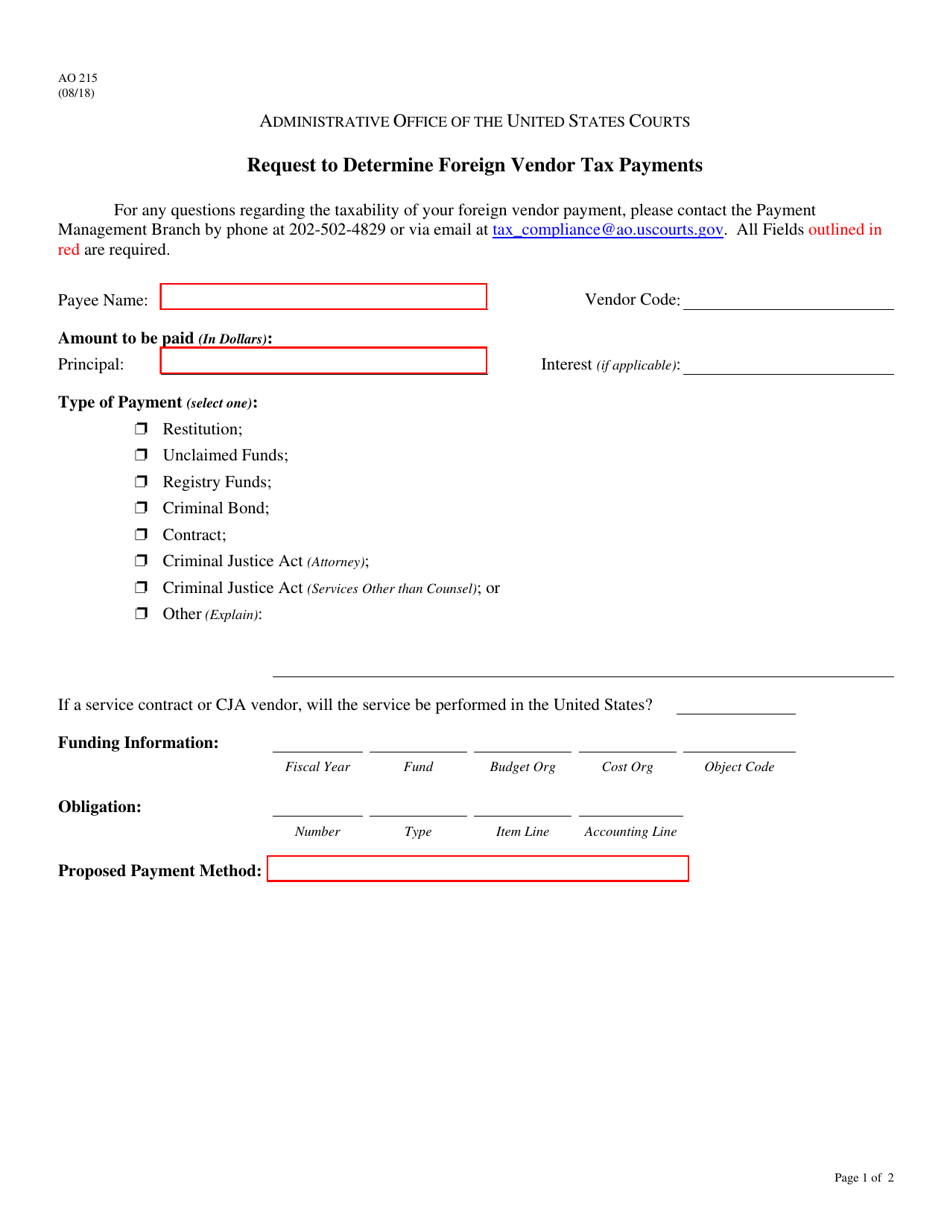 Form AO215 Request to Determine Foreign Vendor Tax Payments, Page 1
