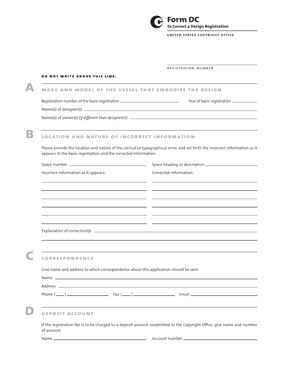 Form DC Application to Correct a Design Registration, Page 1