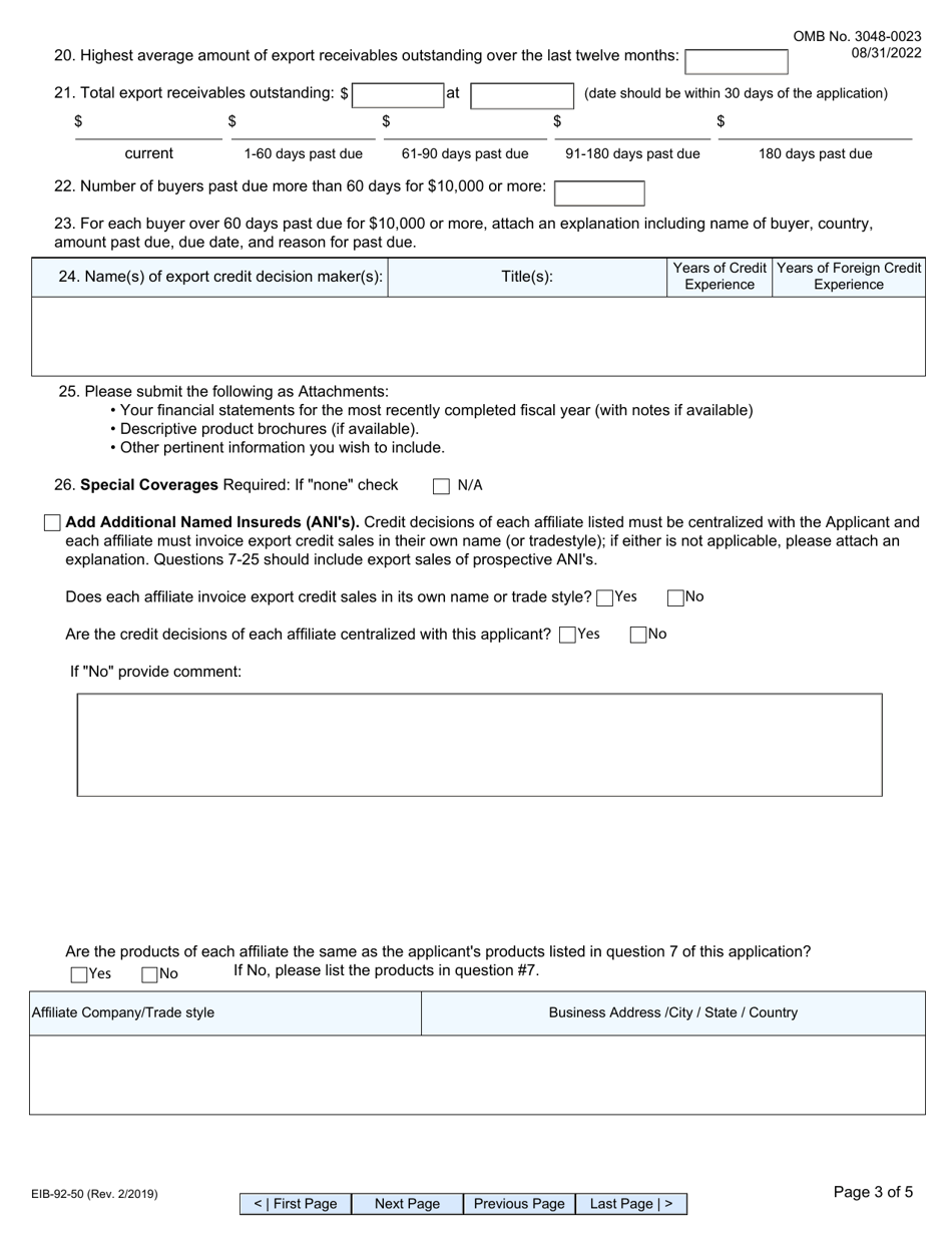 Form EIB-92-50 Application for Short-Term Multi-Buyer Export Credit Insurance Policy, Page 3
