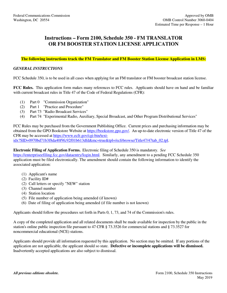 Instructions for FCC Form 2100 Schedule 350 Fm Translator or Fm Booster Station License Application, Page 1