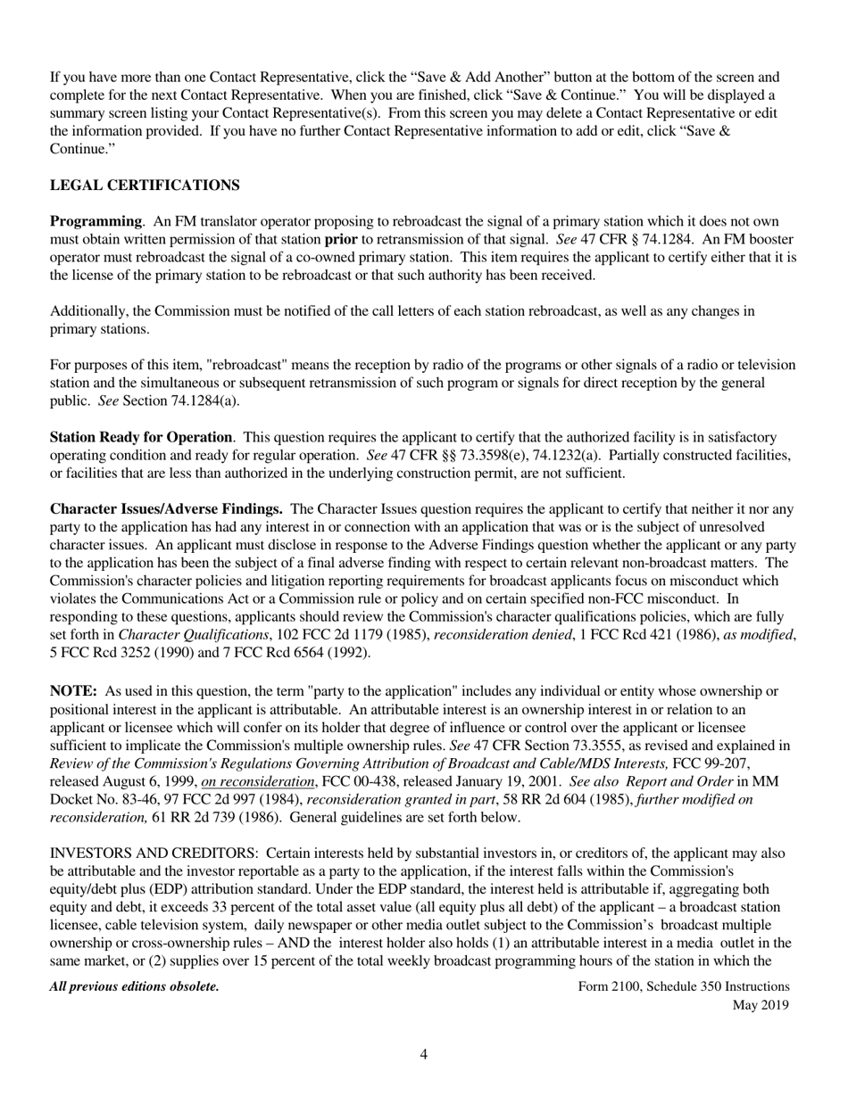 Instructions for FCC Form 2100 Schedule 350 Fm Translator or Fm Booster Station License Application, Page 4