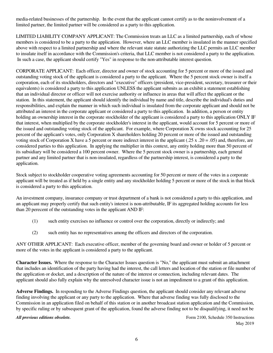 Instructions for FCC Form 2100 Schedule 350 Fm Translator or Fm Booster Station License Application, Page 6