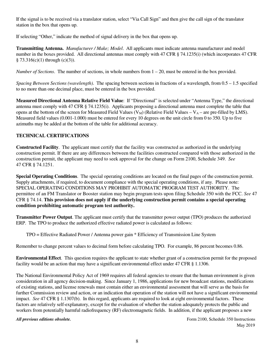 Instructions for FCC Form 2100 Schedule 350 Fm Translator or Fm Booster Station License Application, Page 8