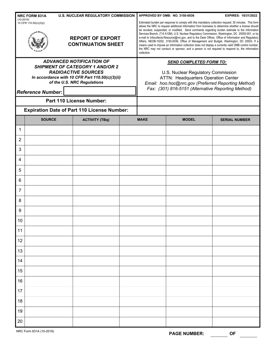 NRC Form 831A Report of Export Continuation Sheet, Page 1