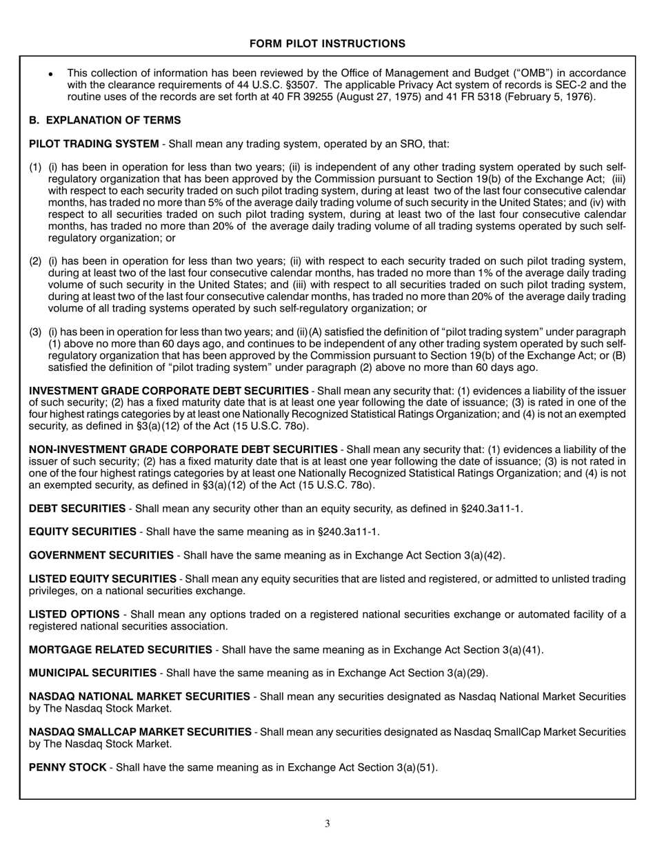 Form PILOT (SEC Form 2552) Initial Operation Report, Amendment to Initial Operation Report and Quarterly Report for Pilot Trading Systems Operated by Self-regulatory Organizations, Page 3