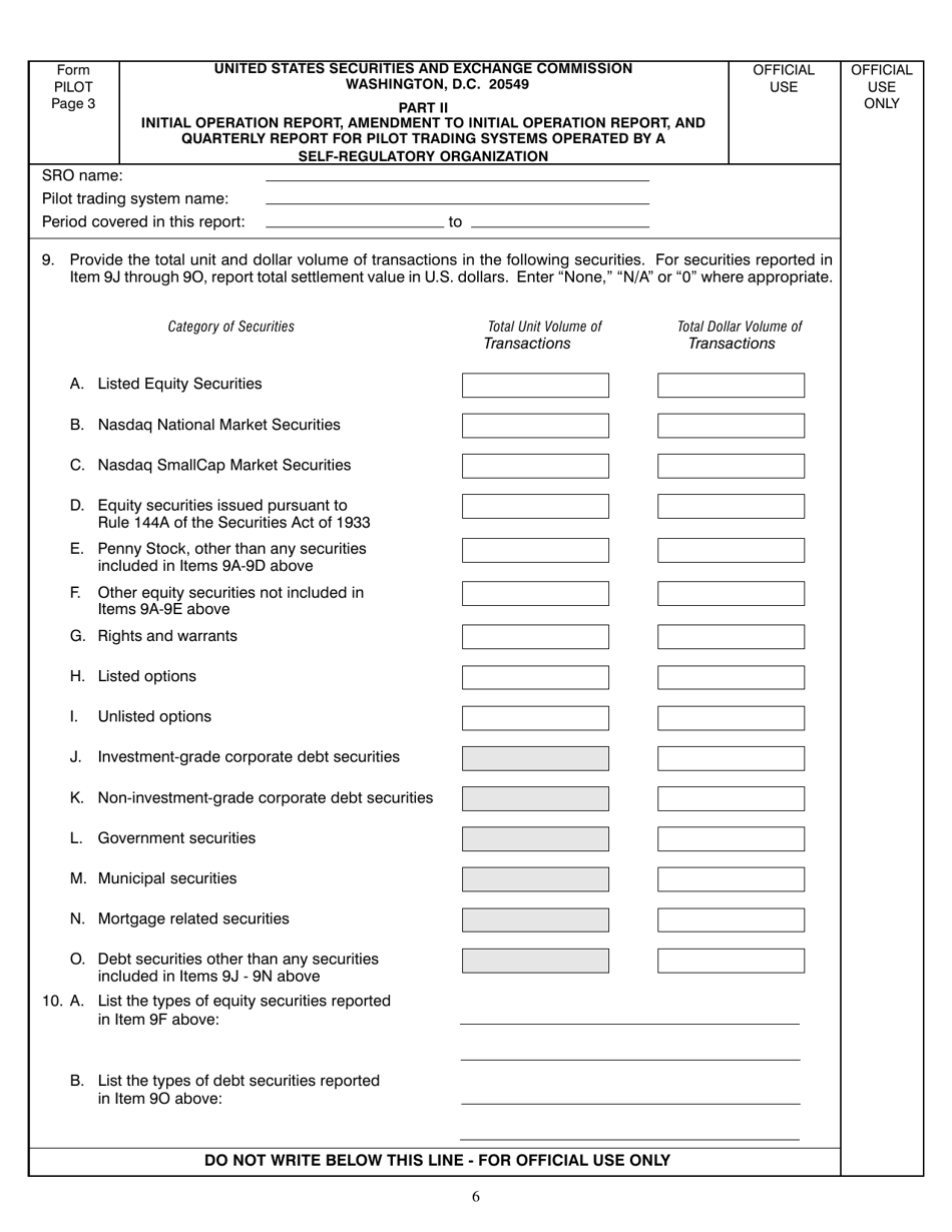 Form PILOT (SEC Form 2552) Initial Operation Report, Amendment to Initial Operation Report and Quarterly Report for Pilot Trading Systems Operated by Self-regulatory Organizations, Page 6