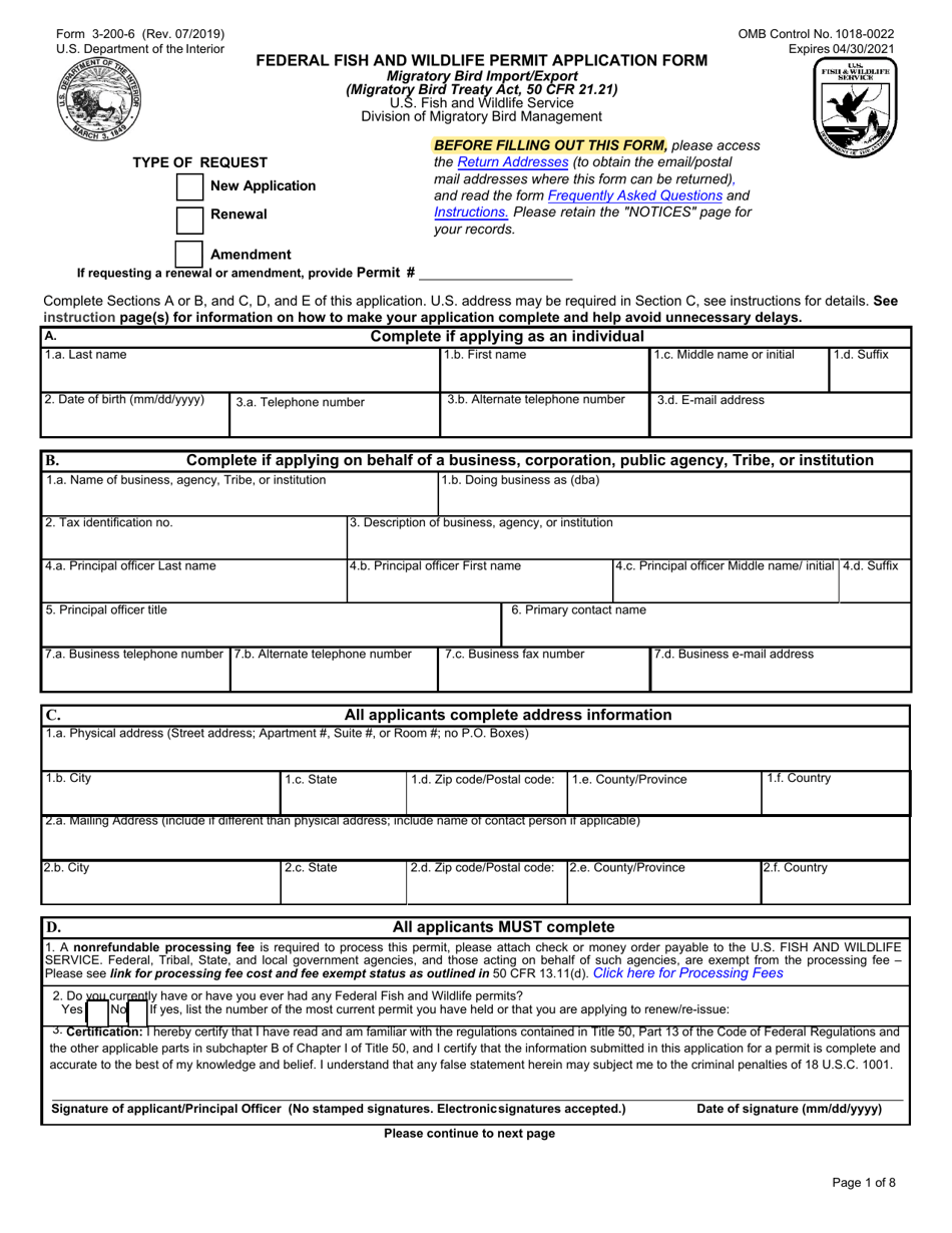 FWS Form 3-200-6 Federal Fish and Wildlife Permit Application Form - Migratory Bird Import / Export, Page 1