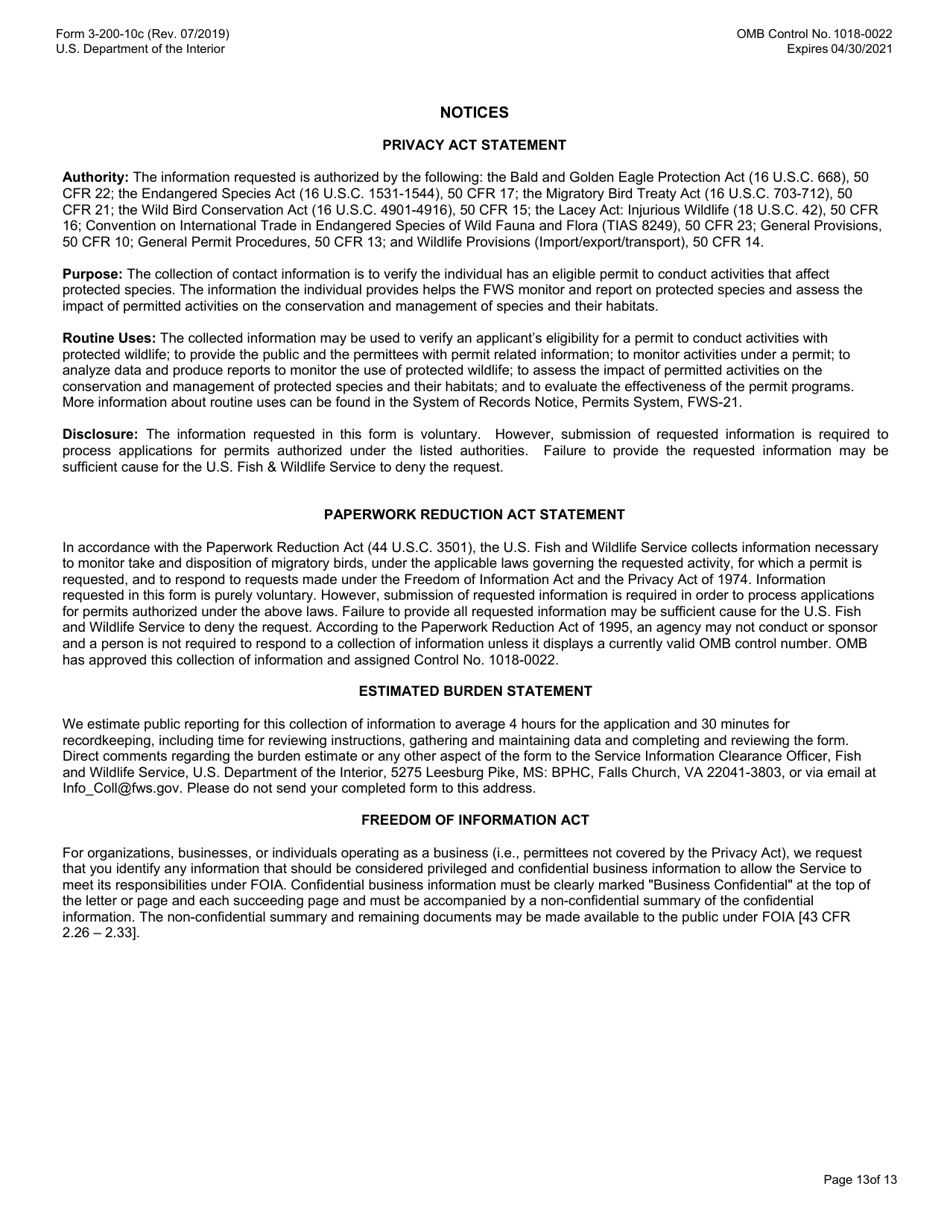 FWS Form 3-200-10C Federal Fish and Wildlife Permit Application Form - Migratory Bird Special Purpose - Possession Live and / or Dead and Salvage for Educational Purposes, Page 13
