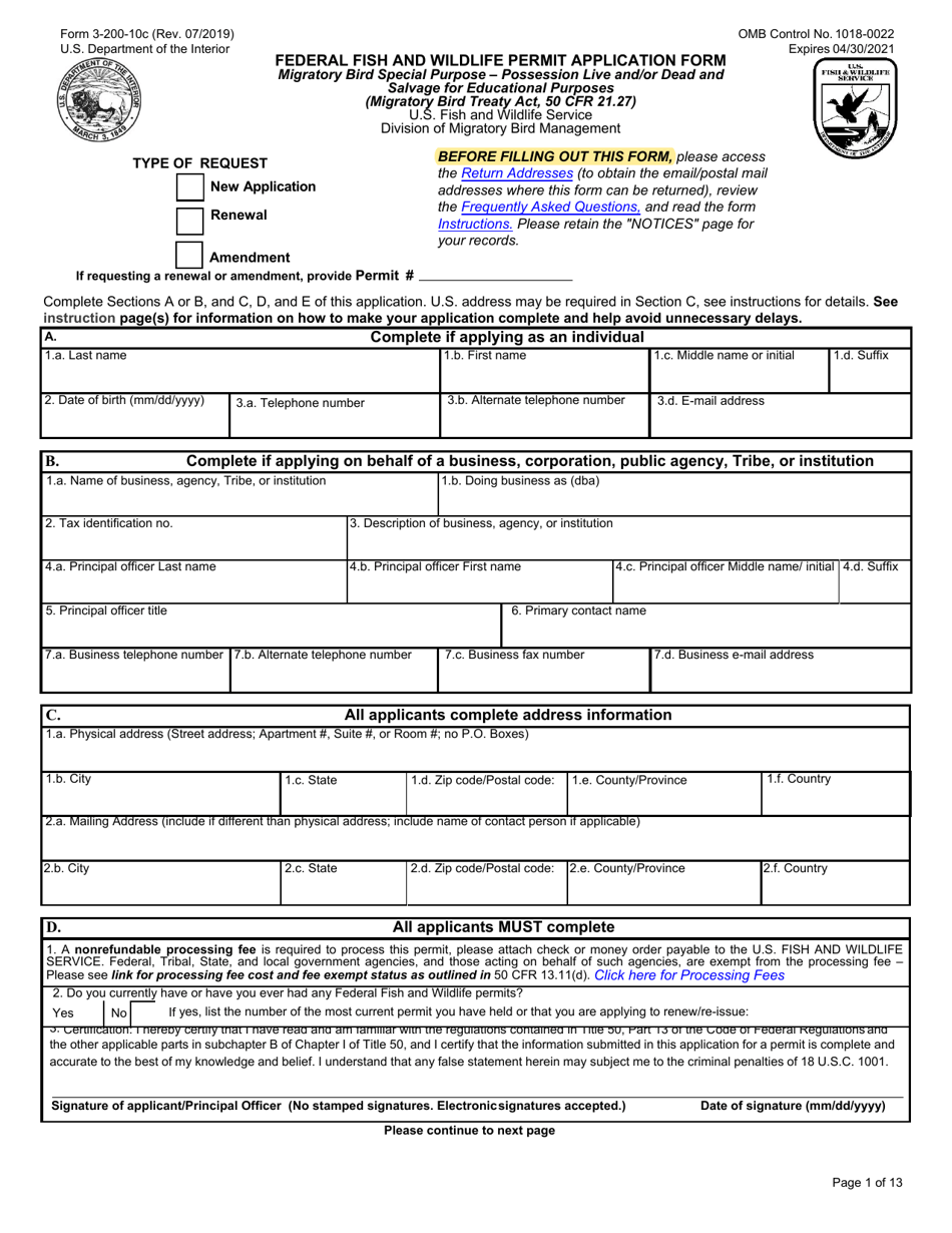 FWS Form 3-200-10C Federal Fish and Wildlife Permit Application Form - Migratory Bird Special Purpose - Possession Live and / or Dead and Salvage for Educational Purposes, Page 1