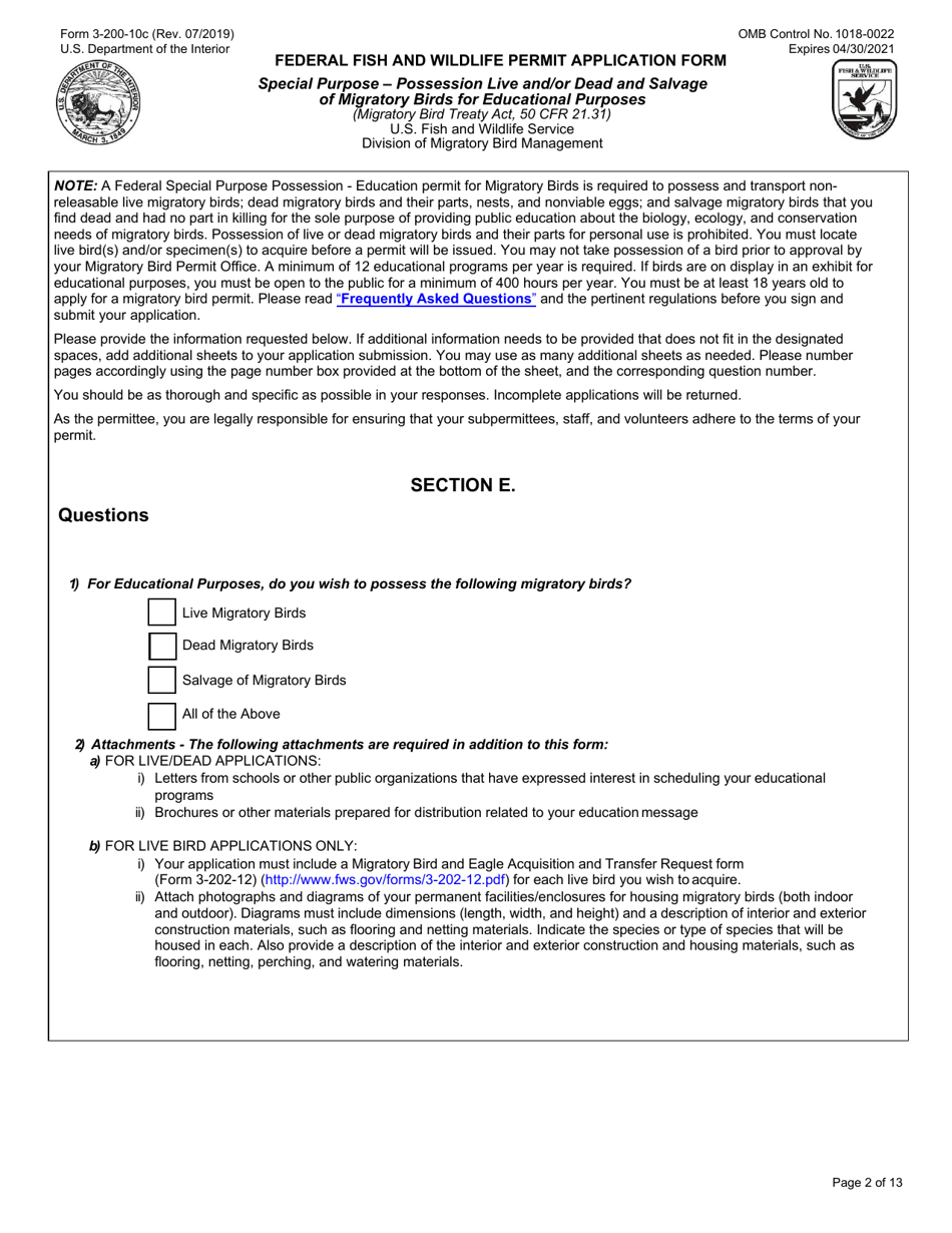 FWS Form 3-200-10C Federal Fish and Wildlife Permit Application Form - Migratory Bird Special Purpose - Possession Live and / or Dead and Salvage for Educational Purposes, Page 2