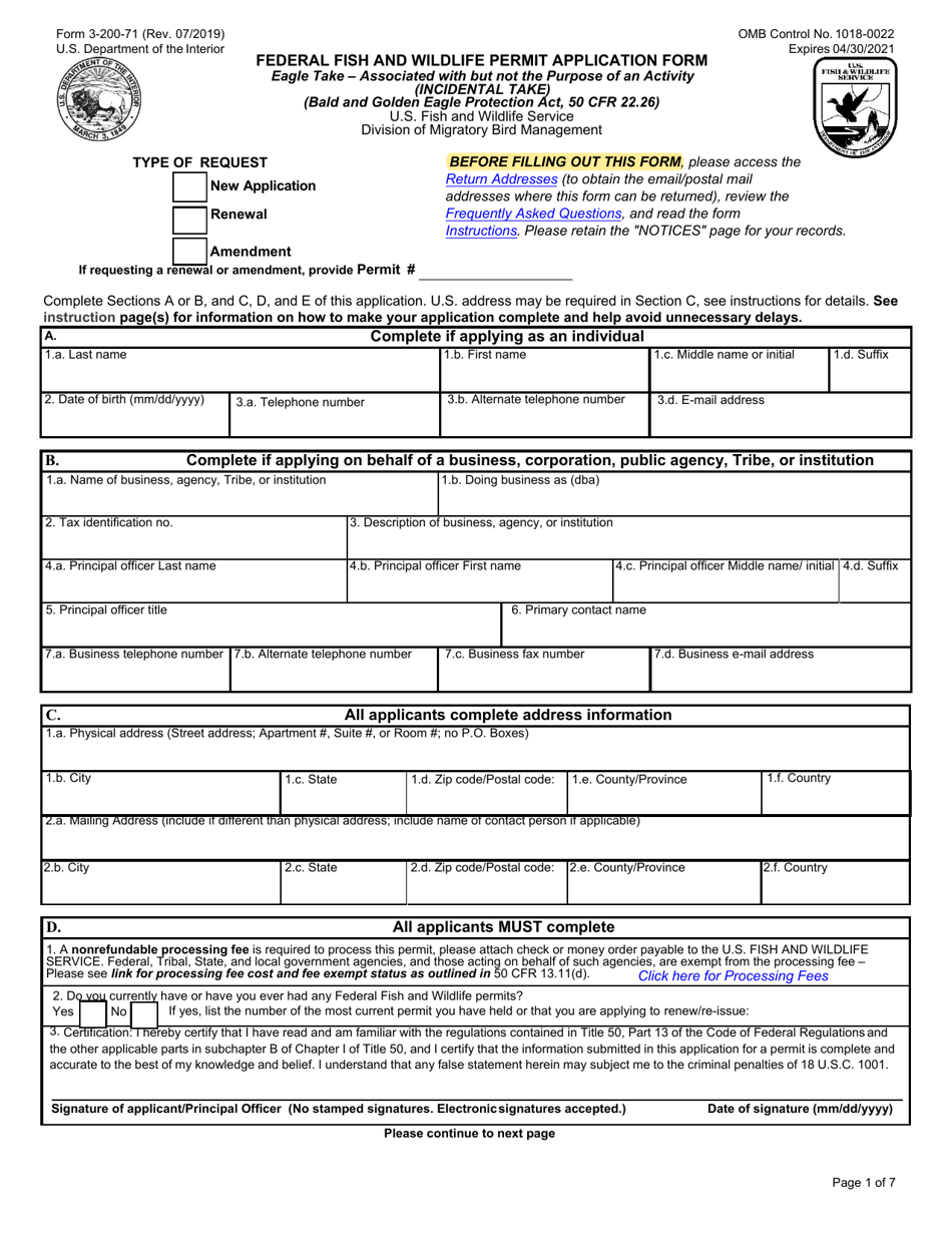 FWS Form 3-200-71 Federal Fish and Wildlife Permit Application Form - Eagle Take - Associated With but Not the Purpose of an Activity (Incidental Take), Page 1