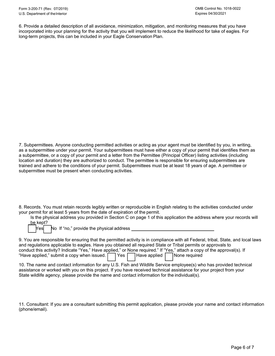 FWS Form 3-200-71 Federal Fish and Wildlife Permit Application Form - Eagle Take - Associated With but Not the Purpose of an Activity (Incidental Take), Page 6