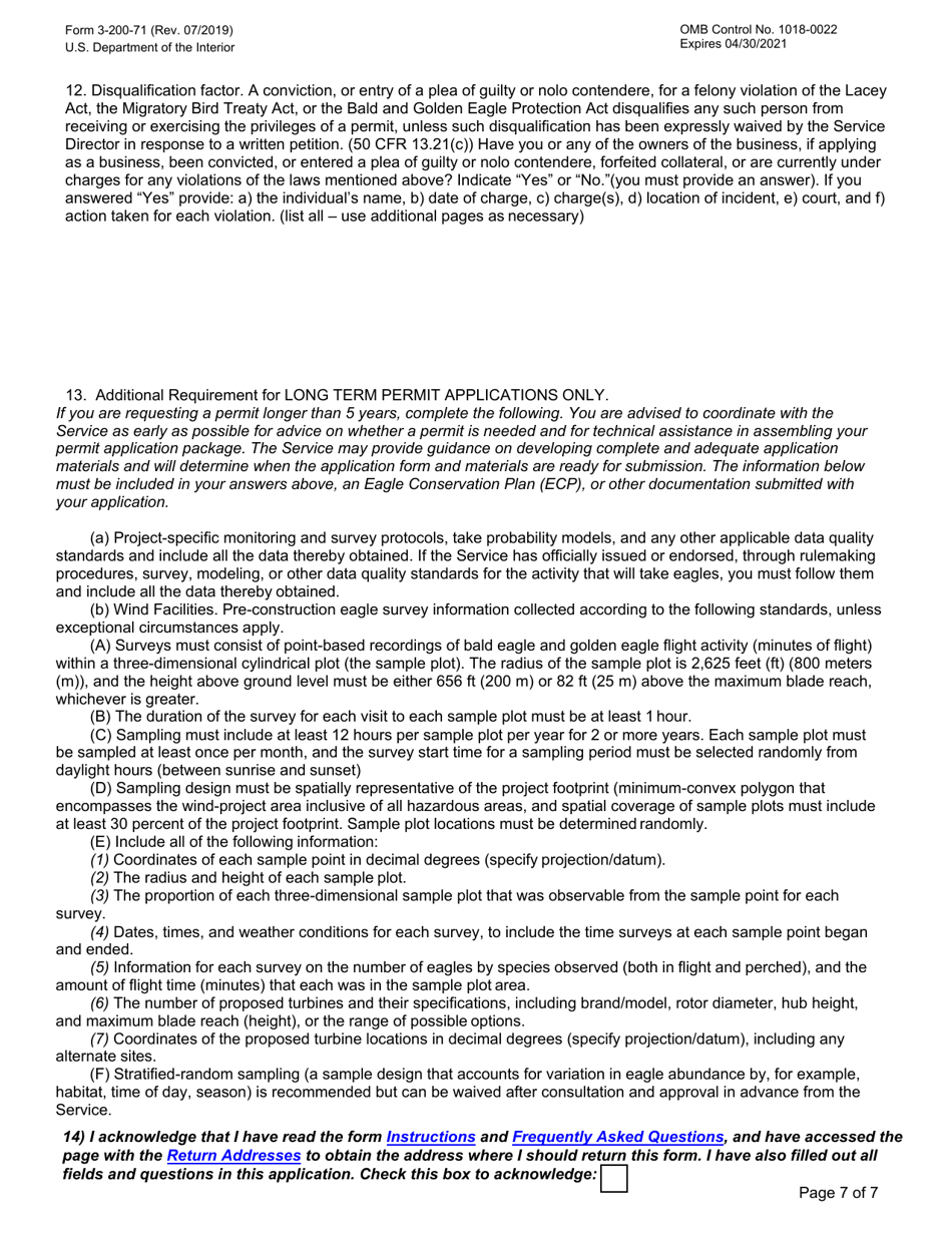 FWS Form 3-200-71 Federal Fish and Wildlife Permit Application Form - Eagle Take - Associated With but Not the Purpose of an Activity (Incidental Take), Page 7