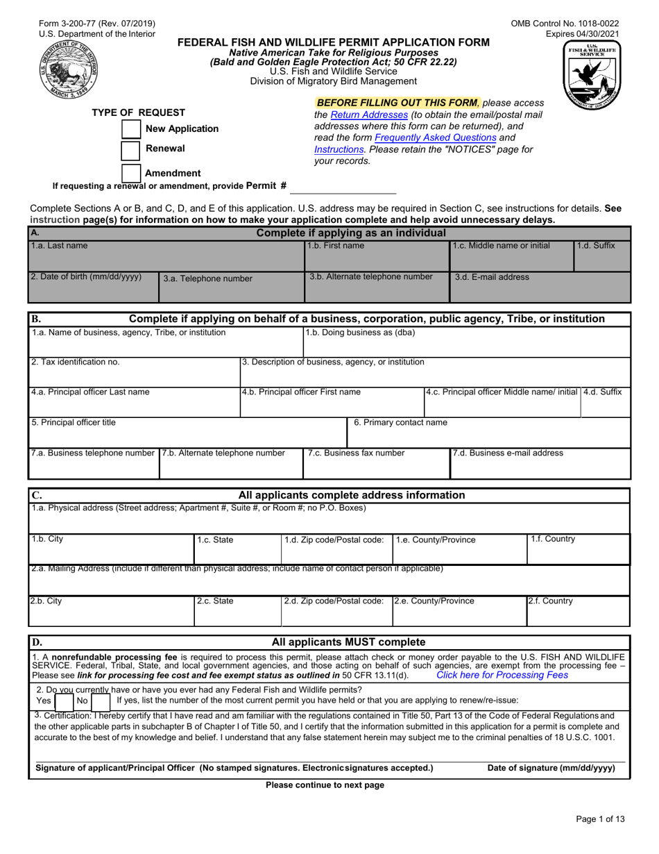 FWS Form 3-200-77 Federal Fish and Wildlife Permit Application Form - Native American Take for Religious Purpose, Page 1