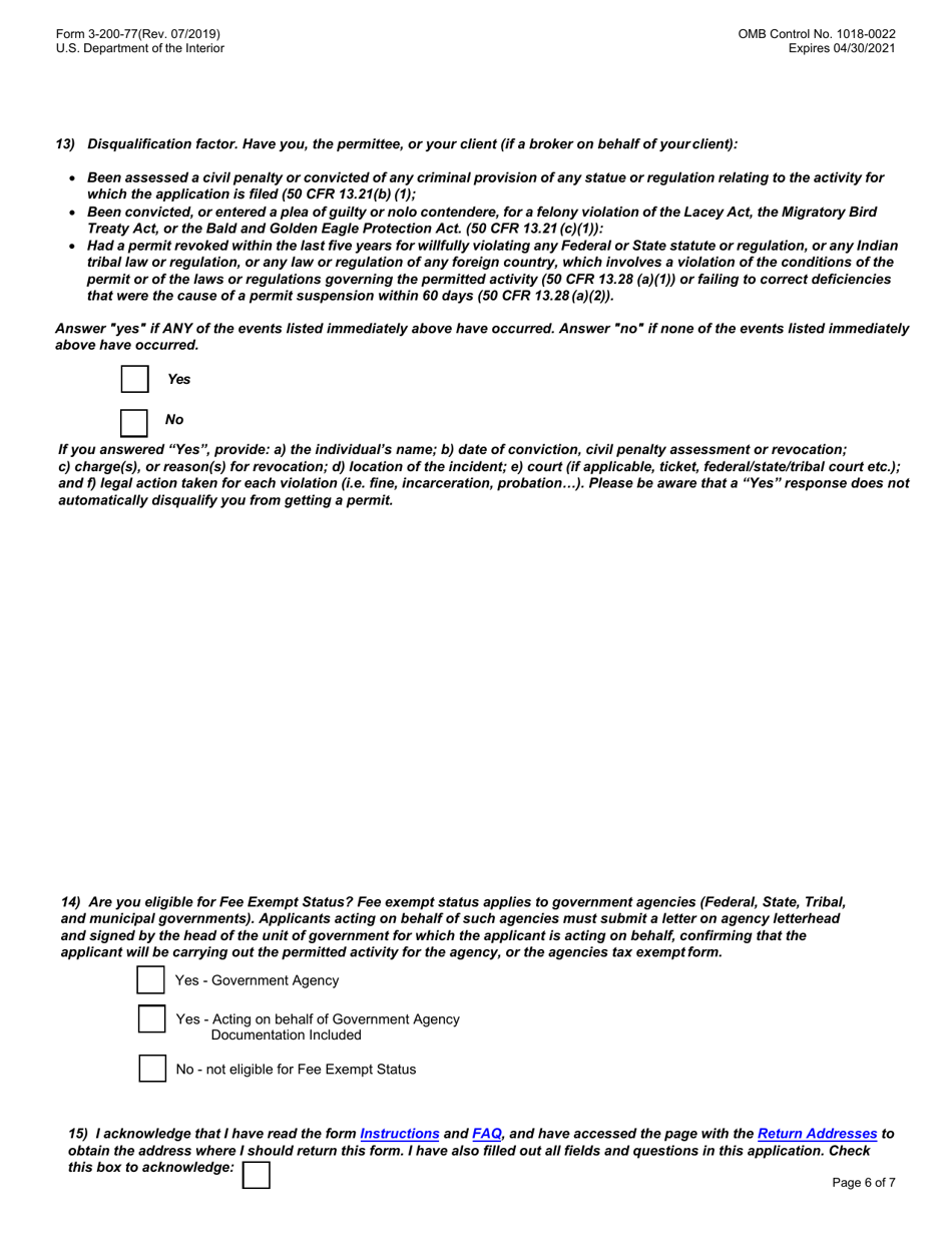 FWS Form 3-200-77 Federal Fish and Wildlife Permit Application Form - Native American Take for Religious Purpose, Page 5