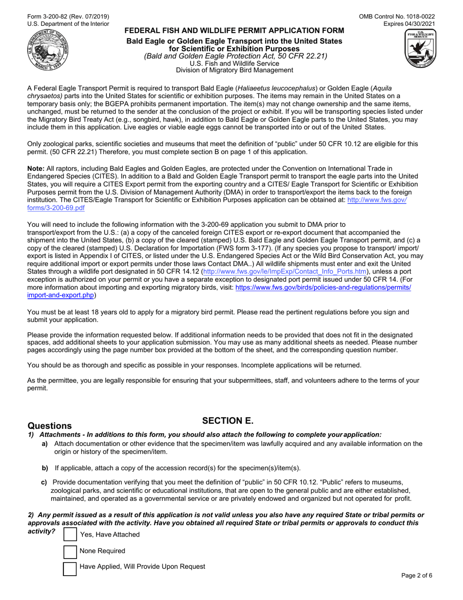 FWS Form 3-200-82 Federal Fish and Wildlife Permit Application Form - Bald Eagle or Golden Eagle Transport Into the United States for Scientific or Exhibition Purposes, Page 2