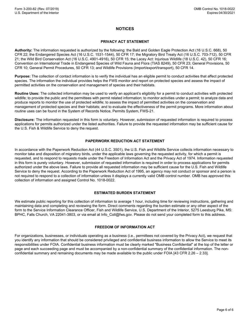 FWS Form 3-200-82 Federal Fish and Wildlife Permit Application Form - Bald Eagle or Golden Eagle Transport Into the United States for Scientific or Exhibition Purposes, Page 6
