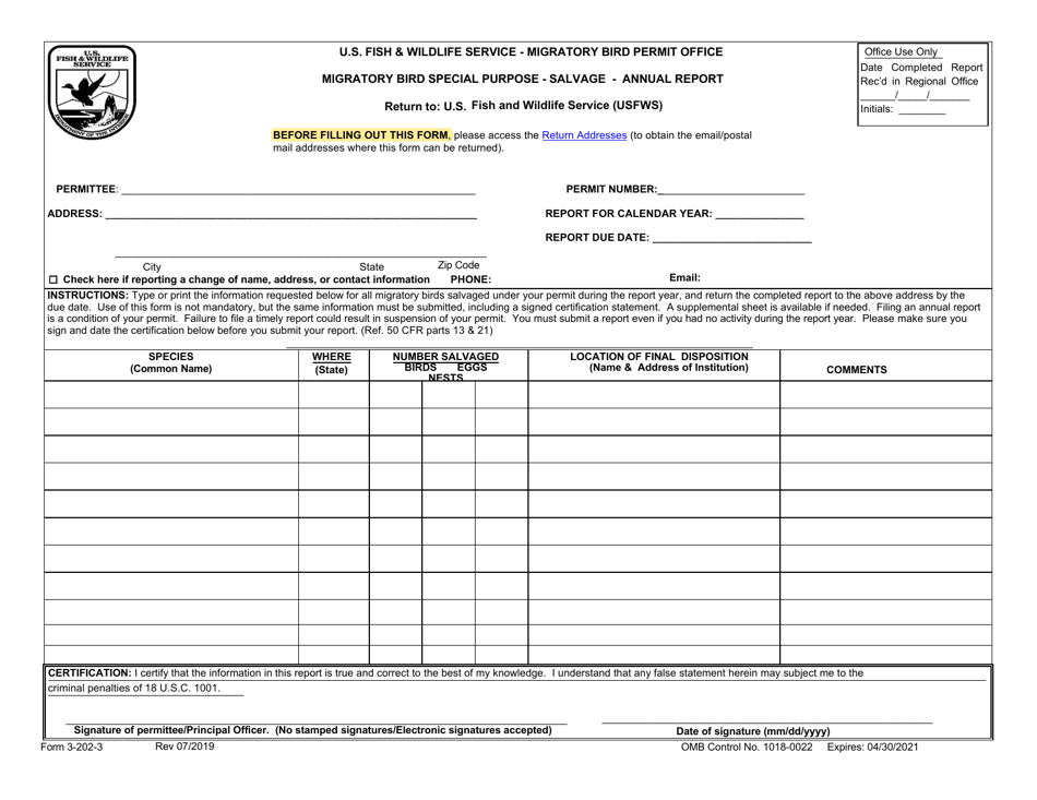 FWS Form 3-202-3 Migratory Bird Special Purpose - Salvage - Annual Report, Page 1